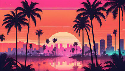Tropical Sunset Over a Serene Beach With Palm Trees, synthwave style illustration