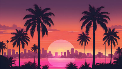 Tropical Sunset Over a Serene Beach With Palm Trees, synthwave style illustration