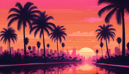 Tropical Sunset Over a Serene Beach With Palm Trees, synthwave style illustration