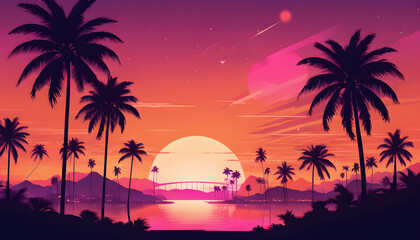 Fototapeta na wymiar Tropical Sunset Over a Serene Beach With Palm Trees, synthwave style illustration