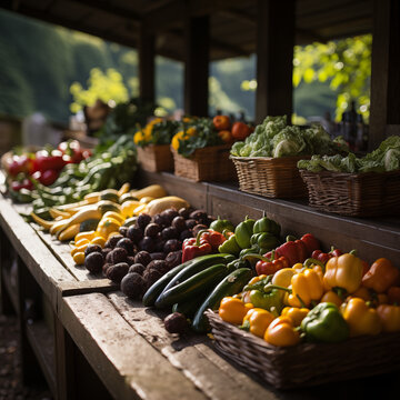 Fruit market with various colorful fresh fruits and vegetables. 