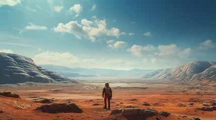 Fototapeten One astronaut spaceman planet Mars surface colony. Desktop banner, Video games © Irina