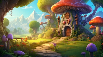 Enchanted forest landscape with whimsical mushroom house. Fantasy world and imagination.