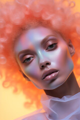 Peach Fuzz colour background, look at the camera, Holographic tones, woman portrait with multichrome powder covered face.