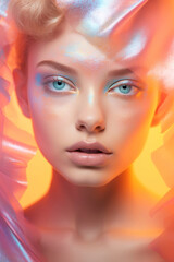 Fototapeta premium Peach Fuzz colour background, look at the camera, Holographic tones, woman portrait with multichrome powder covered face.