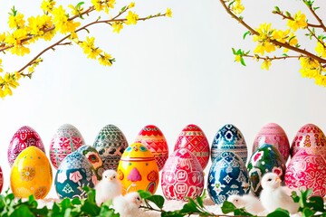 Graphic with Easter eggs and chickens on a white background.