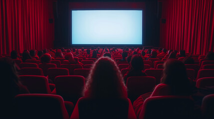 Fototapeta na wymiar Movie or theater auditorium with rows of red seats and blank screen