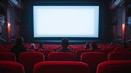 Cinema auditorium with empty white screen and rows of red seats