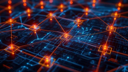 Fototapeta premium Cybersecurity network visual with interconnected red nodes on a blue grid