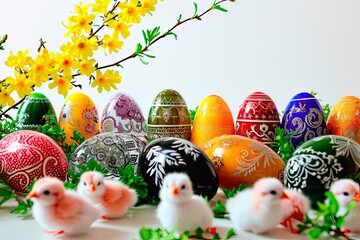 A composition of colourful Easter eggs and forsythia branches on a white trle.