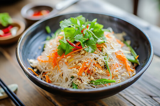 Delicious Asian rice glass noodles with Vegetables. Image for cafe and restaurant menus