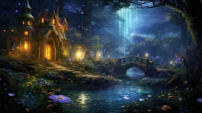 Enchanted fantasy forest landscape with magical waterfall and cottage. Fairy tale scenery.