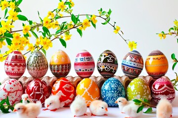 A set of colourful hand-painted Easter eggs presented on a white background.