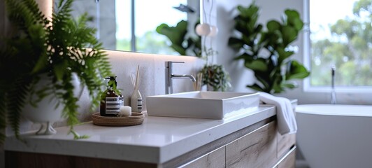 Modern luxury bathroom interior. Wall-hung cabinet with marble table top and surface-mounted sink, toiletries, home decor, indoor plants. Close-up. Contemporary interior design.