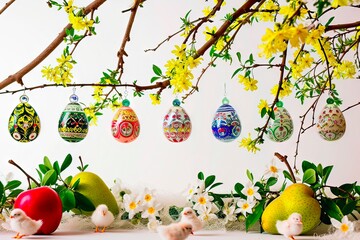 An ornament of eggs and twigs made to celebrate Easter.