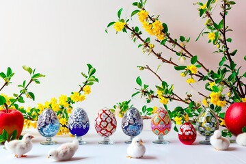 Easter eggs standing on holders visible against a white background.