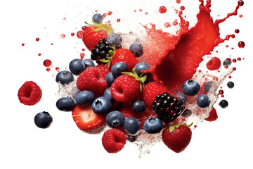 Food concept. Explosion in water of various colorful and fresh looking berries. White background with copy space