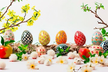 An Easter centerpiece with Easter eggs and chickens on a white background.