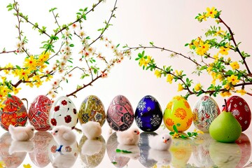 Coloured Easter eggs stand in an even row against a white background.