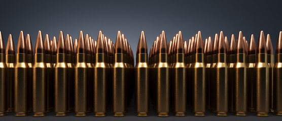 Wide rows of rifle bullets in a closeup shot