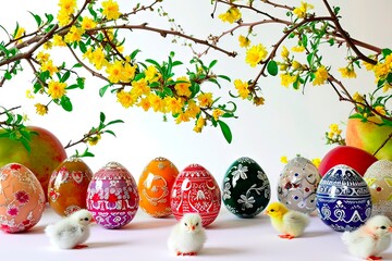 Easter eggs surrounded by forsythia and little chickens.