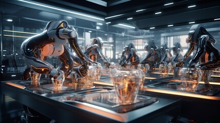 A futuristic assembly line, where robots collaborate seamlessly, their metallic limbs orchestrating a symphony of efficiency, heralding the dawn of a new era in automation. - obrazy, fototapety, plakaty