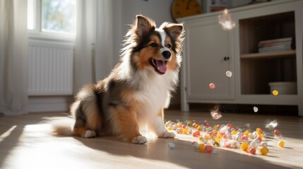 happy dog playing with toys
