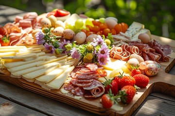 An Easter-themed charcuterie board featuring an assortment of cheeses, cured meats, and fresh...