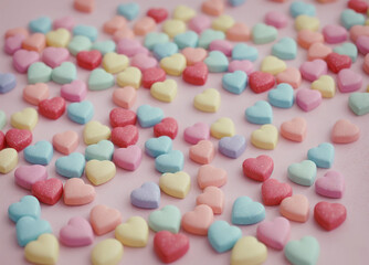 pink surface covered with colorful heart-shaped candies