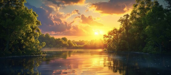 Captivating Nature: Embracing the Beauty around Us with Majestic Sunset, Serene River, and Lush Trees