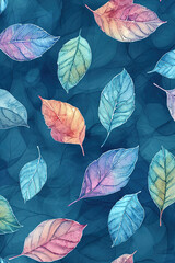 Watercolor seamless pattern, Elegant blue vintage leaves background.