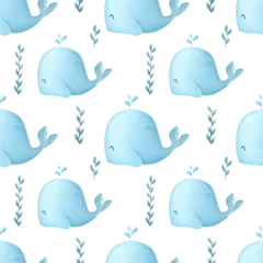 Badezimmer Foto Rückwand watercolor cute whale seamless pattern. kids room wallpaper in soft pastel blue tones. hand drawn children s background in marine theme for fabrics print, baby s textile, wrapping paper © Kisandaya