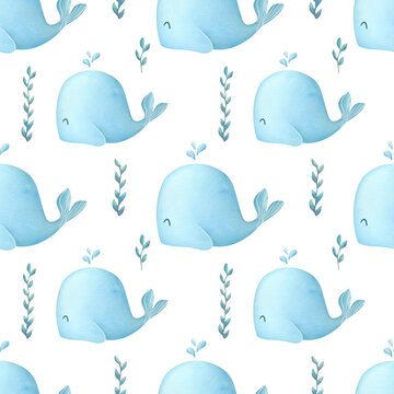 watercolor cute whale seamless pattern. kids room wallpaper in soft pastel blue tones. hand drawn children s background in marine theme for fabrics print, baby s textile, wrapping paper