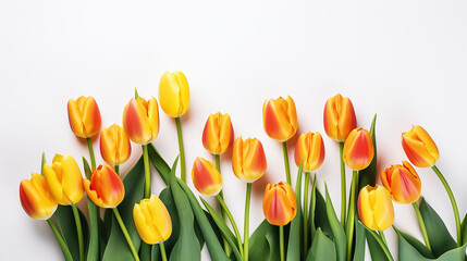 Spring bouquet of yellow tulips on an isolated white background with copyspace, pastel colors.