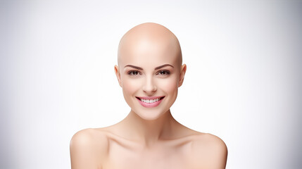 Beautiful young woman with bald head after chemotherapy on isolated white background, World Cancer Day.