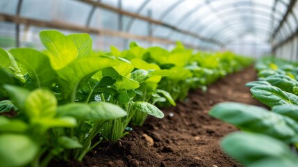 Close-up of crop seedlings in a greenhouse. Plants grow in ideal conditions and protected from extreme weather conditions. Smart farming, innovative organic agriculture.