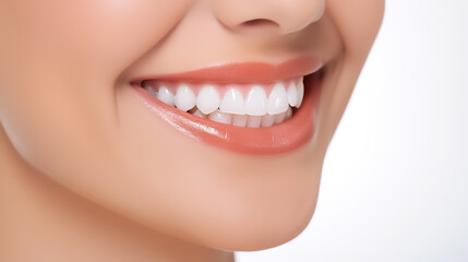 Beautiful healthy white smile on a white background, close-up photo of a young woman's face. Image for a dental clinic with copyspace.