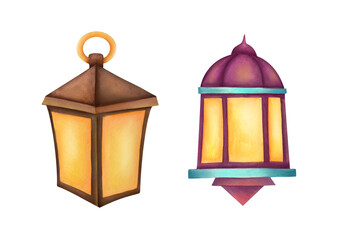 collection of two vintage-style lanterns. Watercolor illustration on white transparent background. clipart and cut out elements