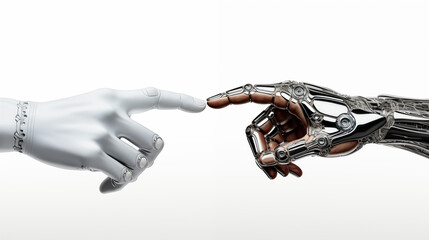 Robotic Cyborg's hands meet the two index fingers on a white background