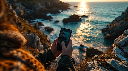 A hand holding a smartphone with a location-based authentication interface against a backdrop of a serene beach, highlighting the secure access granted based on geographical context.