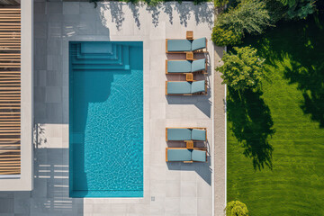 Aerial view of a luxurious backyard with a pristine swimming pool, sun loungers lined up neatly on a tiled poolside, surrounded by lush green grass. - obrazy, fototapety, plakaty
