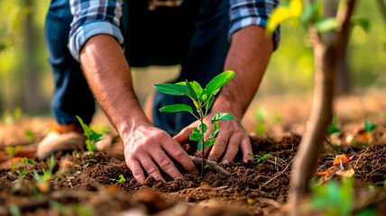 Close-up of hands planting a small plant in the ground. illustration of caring for the environment. greening the world. restoring nature. Generative AI