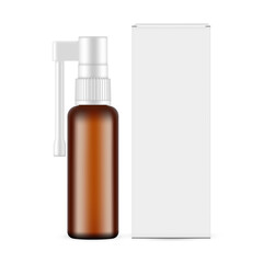 Throat Spray Amber Bottle With Paper Box, Front View, Isolated On White Background. Vector Illustration
