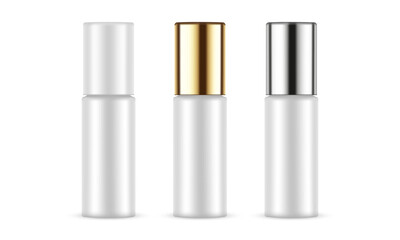 Set Of Blank Biophotonic Cosmetic Bottles, Different Caps, Isolated On White Background. Vector Illustration