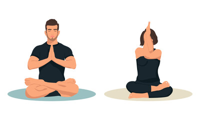 Young Man And Woman Practice Yoga Together, Lotus Pose, Isolated On White Background. Flat Vector Illustration