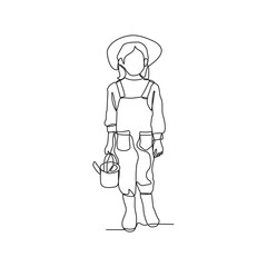One continuous line drawing of someone who is gardening in his field by harvesting fruit, cleaning weeds and watering the plants vector illustration. Gardening activity illustration in simple linear.