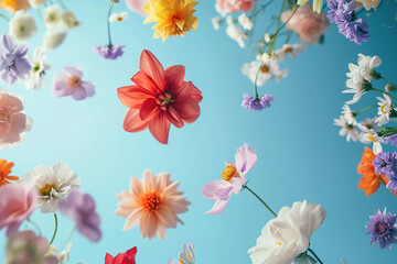 Floated in the air randomly spring various flowers with copy space.