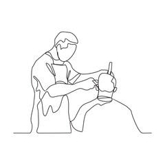 One continuous line drawing of a barber is shaving his customer in the barbershop vector illustration. Barbershop activity illustration in simple linear style vector concept. suitable for your asset.