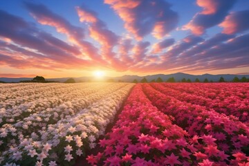 flowers field at sunset