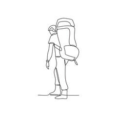 One continuous line drawing of a man is climbing a mountain carrying a carrier bag on his back vector illustration. Hiking and climbing activity illustration in simple linear style vector concept.